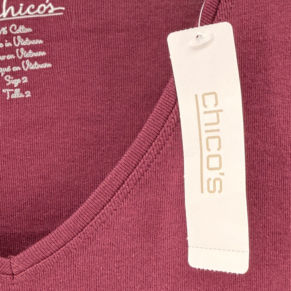NEW Chico's Paige V Top Women 2/Large Basic Royal Bordeaux 3/4 Sleeve Cotton - Picture 6 of 9